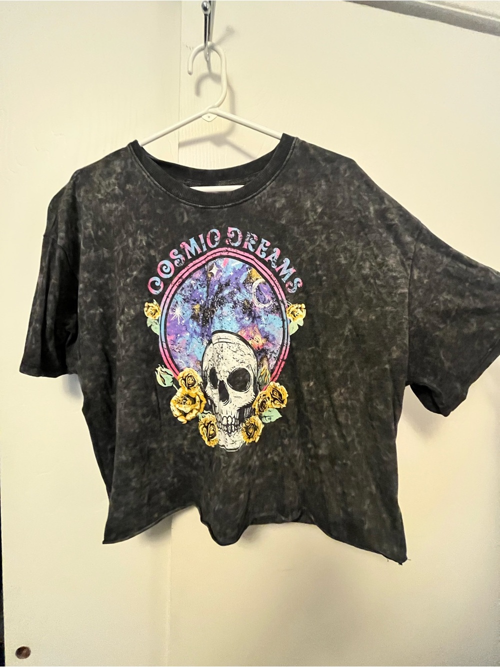 No Boundaries Black Graphic Crop Tee with Pink and Blue Accents